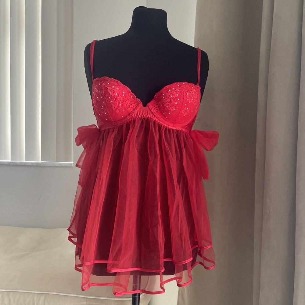 VICTORIAS SECRET Sheer With Rhinestone Red Babydoll Chemise Sz 34B